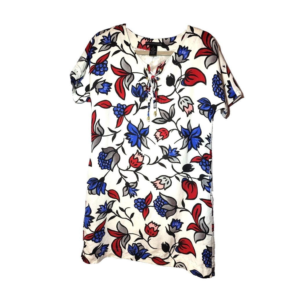 Grace Elements Linen/Rayon Bright Floral Print Lace Up Shift Dress Pockets Small